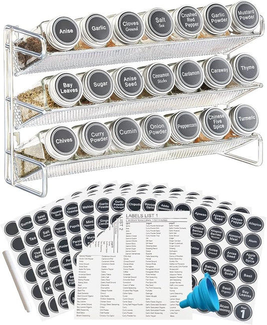 GONGSHI 3 Tier Spice Rack Organizer with 21 Empty Spice Jars, 386 Spice Labels, pen and Funnel Set for Countertop Cabinet Pantry or Wall Door Mount - Chrome
