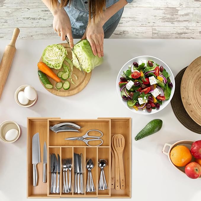 Premium Silverware, Flatware and Utensil Organizer for Kitchen Drawers. Extra Large and Expandable from 13 to 21 Inches - 8 Compartments [2.5 Inches Deep] *Bamboo Utensils Included - 100% Bamboo.