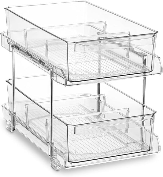 Masirs 2-Tier Clear Pull-Out Drawer Organizer - Sleek, Compact & Sturdy Makeup and Closet Organizer - Easy Assembly Kitchen Storage Solution, Ideal for Makeup, Tools, Medicines & Snacks