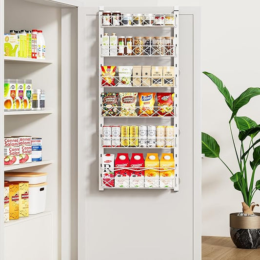 Over the Door Organizer, White 6-Tier Pantry Door Organizer with Adjustable Basket, Hanging Spice Rack Cabinet Door Shelves, Laundry Room Organization and Storage