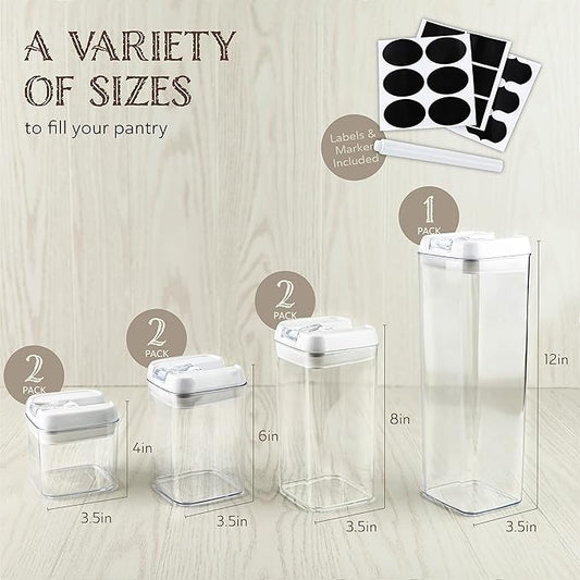 Oizeir Airtight Food Storage Containers, Clear Plastic, Lid Lock, Reusable Stickers, Various Sizes, BPA Free, Perfect Dry Food Storage Organization for Kitchen and Pantry, (Set of 7)