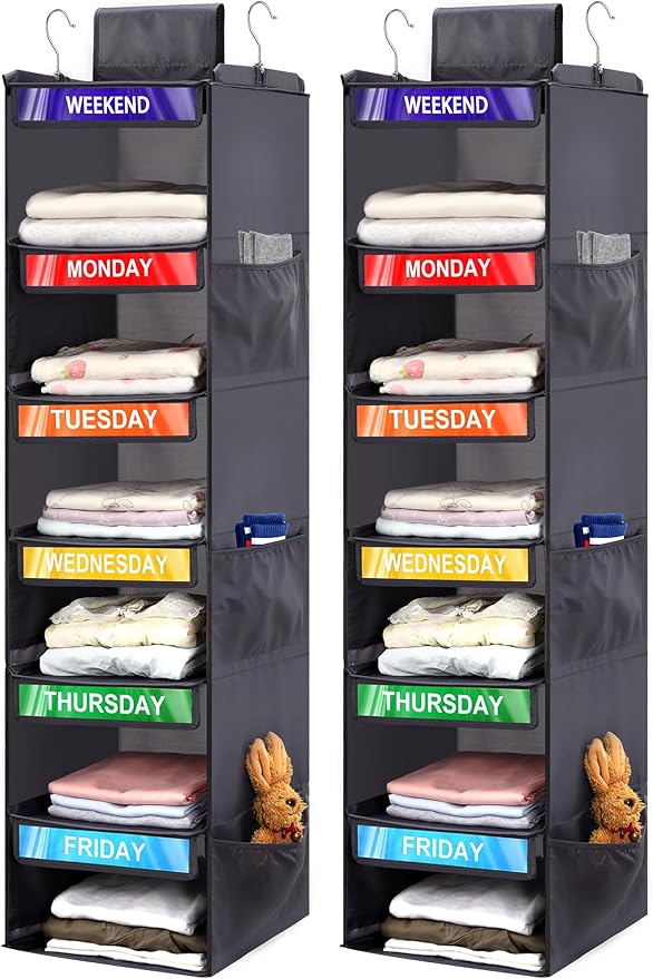 2 Pack 6-Shelf Weekly Clothes Organizer for Kids, Hanging Daily Closet Organization with 6 Side Pockets, Days of The Week Clothing Divider Storage for Boys and Girls (Grey)