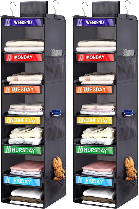 2 Pack 6-Shelf Weekly Clothes Organizer for Kids, Hanging Daily Closet Organization with 6 Side Pockets, Days of The Week Clothing Divider Storage for Boys and Girls (Grey)