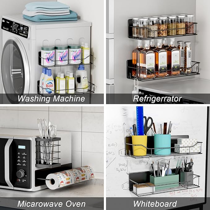 Magnetic Spice Rack for Refrigerator,8 Pack Magnetic Fridge Shelf, Moveable Spice Organizer with Hook Rack, Paper Towel Holder, Utensil Holder,cup lid holder, Super Magnetic Rack Set (Black)