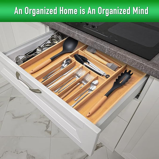 Large Expandable Utensil Organizer Silverware Organizer for Kitchen Adjustable Utensils Holder Bamboo Flatware Silverware Cutlery in Drawer (9 slot, Natural