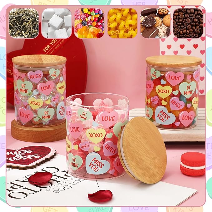 3Pcs Valentine Glass Storage Jars With Airtight Lid Pastel Conversation Heart Decorative Canisters Sets For Home Kitchen Countertop
