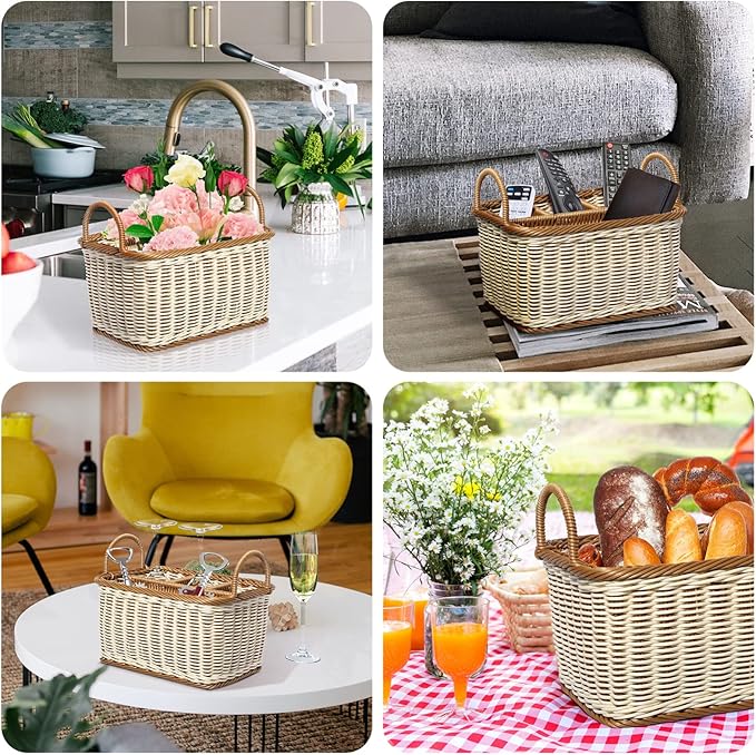 Cabilock Wicker Flatware Organizer, Cutlery Holder for Countertop, Woven Cutlery Storage with Handles, 4 Compartments Utensil Tableware Basket