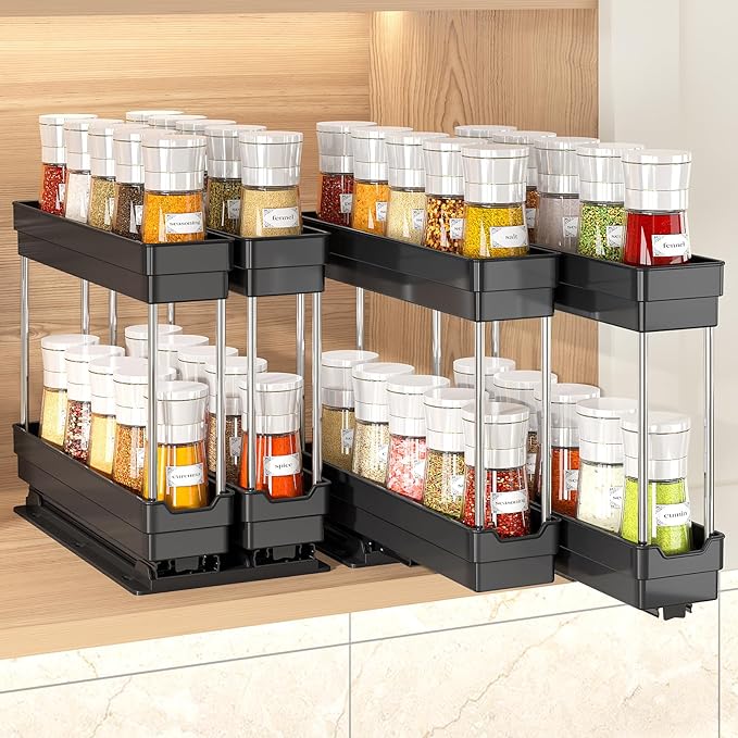 2 Pack Pull Out Spice Rack Organizer for Cabinet, Slide Out Seasoning Kitchen Organizer, Heavy Duty Spice Cabinet Organizers with Labels for Kitchen Pantry, 5.3" W x10.7 D x10 H, 4 Drawers, 2-Tier