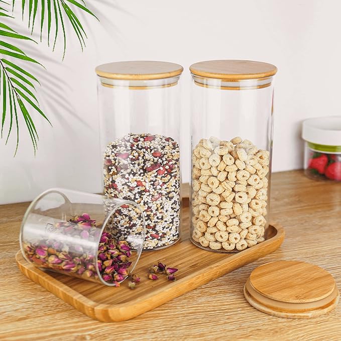 Food Storage Jar, 18.6 FL OZ (550 ML), [Thickened Version] 77L Glass Food Storage Jar with Airtight Seal Bamboo Lid - Modern Design Clear Food Storage Canister for Serving Tea, Coffee, Spice and More