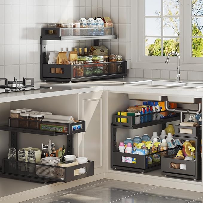 2 Pack 21.3IN-Depth Under Sink Organizer with Next-Gen Ball-Bearing Slides,2-Tier Pull Out Cabinet Storage,Height Adjustable Drawer Shelf for Bathroom,Kitchen,Laundry,Cabinet,Pantry-Black
