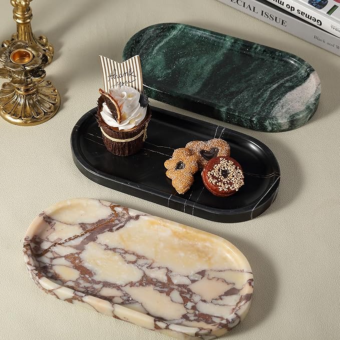 Koville Black Marble Vanity Tray for Bathroom Countertop, 10"x5" Natural Marble Catchall Tray Perfume Trays for Dresser, Stone Jewelry Dish Candle Holder for Home Decor, Stone Oval Trays