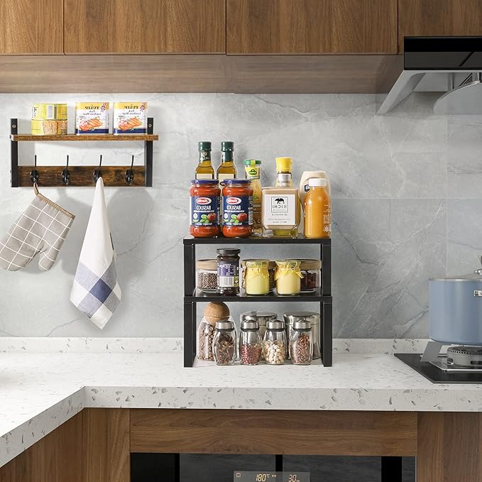 YMYNY Cabinet Shelf Organizer, Spice Racks Set of 4, Kitchen Counter Shelves, Stackable, Wood, Cupboard Organizer for Dishes, Seasoning, Cans, Coffee Mugs, Black, HSR002B-2