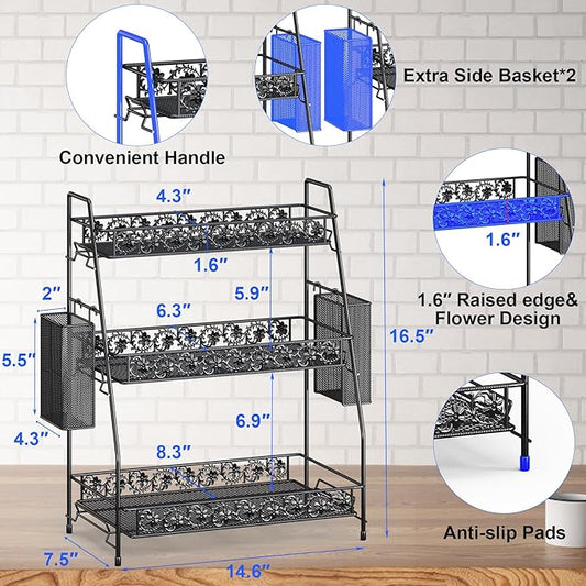 3-Tier Large Size Storage Rack,Counter Organiztion for Bathroom Countertop Organizer Shelf for Spice Racks for Kitchen/Sink/Bedroom/Living room/Office/Plant Rack with Two Metal Baskets
