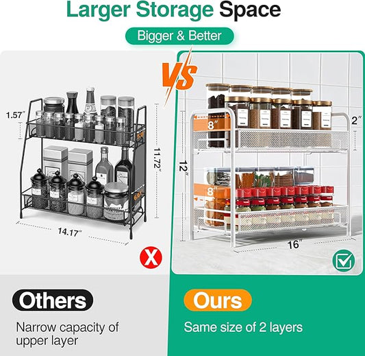 Spice Rack Organizer for Countertop,Xpatee 2-Tier Foldable Metal Rust-Proof Standing Large Seasoning Storage Shelf with Guardrail and Mesh Design for Kitchen Cabinet Bathroom Living Room Pantry, White