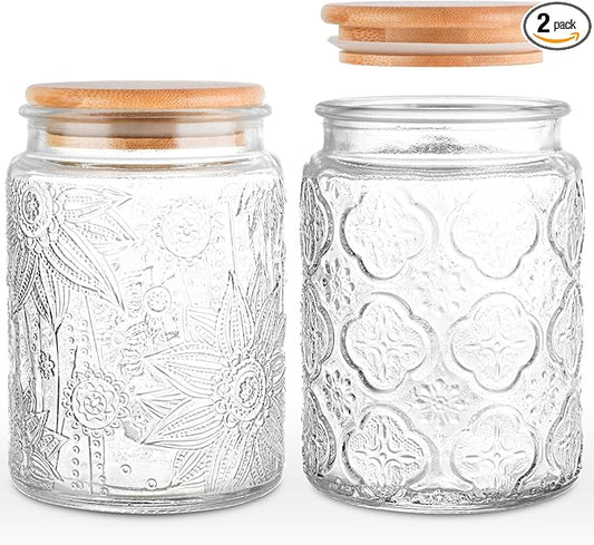GUEQUITLEX Vintage Glass Jar with Lid, 24oz Food Storage Containers 2 Pack Clear Mason Jars With Airtight Lid for Kitchen Counter,Food Storage, Dry Food, Snacks, Candies, DIY Projects