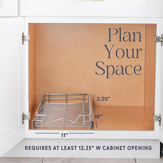 HOLDN’ STORAGE Pull Out Cabinet Organizer, Heavy Duty-w/Lifetime Limited Warranty -11”W x 18”D-Requires At Least 12-1/4” Cabinet Opening, Steel Metal Cabinet Drawers Slide Out, Chrome Finish