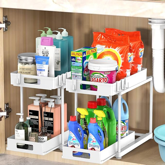 Under Sink Organizers and Storage, 2 Pack Large Capacity Heavy Load Double Pull-out Under Sink Shelves with Sliding Drawer for Kitchen and Bathroom, White