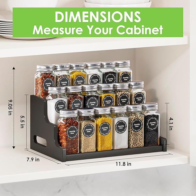 Bamboo Spice Rack Organizer for Cabinet, 3 Tier Wood Spice Shelf Organizer with 18 Spice Jars with Label Pack Included for Spice organization for cabinet Kitchen Countertop (Black)
