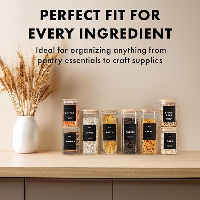 Square Glass Storage Containers with Bamboo Lids 12-Pack (4x 30 oz, 8x 17 oz) Airtight Storage Jars with Lids for Food, Stackable Kitchen Canisters with 114 Labels for Pantry [Thicker Glass 3mm]