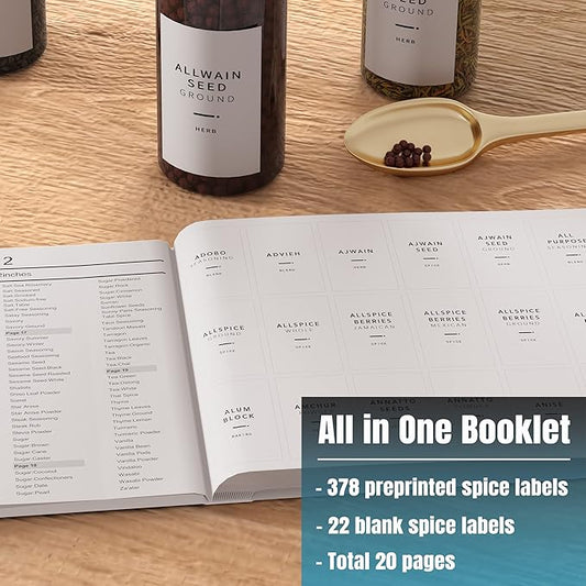 400 Minimalist Spice Labels, Preprinted Stickers Booklet, Black Text on White Waterproof Matte Backing, Herb Seasoning Spice Jars Rack Organization System