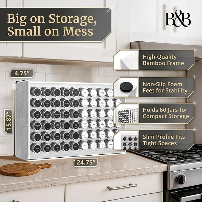 BOURBON & BARREL Wooden Spice Rack Organizer with Glass Jars | Stainless Steel Lids | Bamboo Countertop Spice Organization | 350 Waterproof Spice Labels | 2 Chalk Markers | 60 4oz Jars [White]