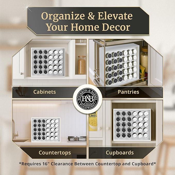 BOURBON & BARREL Wooden Spice Rack Organizer with Glass Jars | Stainless Steel Lids | Bamboo Countertop Spice Organization | 350 Waterproof Spice Labels | 2 Chalk Markers | 30 4oz Jars [White]