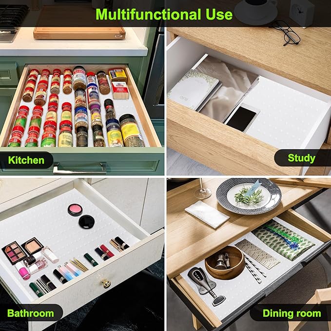 Gosmol Spice Drawer Organizer insert, Adjustable & Non-Slip Silicone Spice Drawer Liner, in Drawer Spice Organizer for Seasoning Jars and Spices Bottles, Set of 2-White