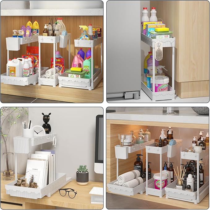 3 Pack Under Sink Organizers and Storage L-Shaped, 2 Tier Sliding Bathroom Organizers with Hooks Hanging Cup, Multi-purpose Cabinet Organizers for Kitchen Bathroom, White