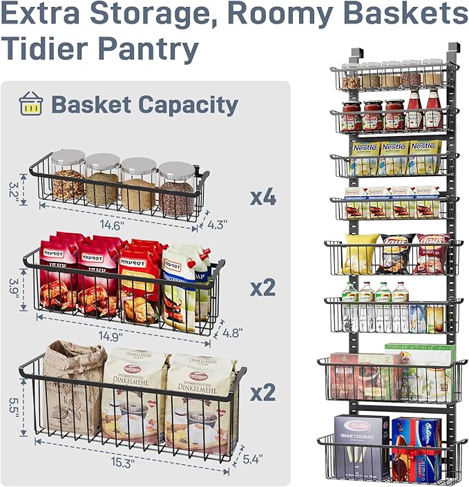 Over The Door Pantry Organizer, 8-Tier Over The Door Organizer with Adjustable Baskets, Metal Hanging Spice Rack for Pantry Organizers and Storage, Suitable for Kitchen Laundry Room & Bathroom, Black