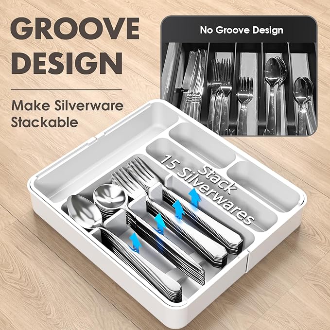 Silverware Organizers for Kitchen Drawers, Expandable Kitchen Drawer Organizer for Large Utensils, Drawer Utensil Organizer, Stackable Spoon Organizer Drawer, White Silverware Organizer Tray