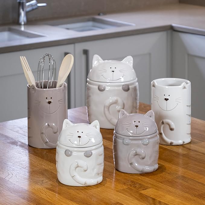 SPOTTED DOG GIFT COMPANY Cat Utensil Holder, Ceramic Utensil Crock, Cute Kitchen Countertop Decor, Baking & Cooking Tools Organizer, Gifts for Cat Lovers & Pet Owners 4.3" x 6.3"