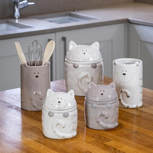SPOTTED DOG GIFT COMPANY Cat Utensil Holder, Ceramic Utensil Crock, Cute Kitchen Countertop Decor, Baking & Cooking Tools Organizer, Gifts for Cat Lovers & Pet Owners 4.3" x 6.3"