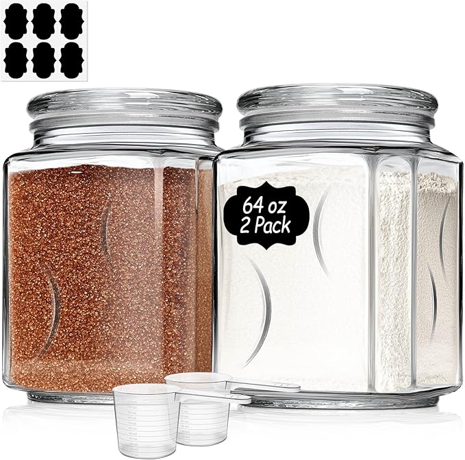 ComSaf Glass Jars with Lids 64oz, Large Glass Storage Containers with Lids, Flour Sugar Storage Containers, Half Gallon Jars for Kitchen Storage and Laundry Room Organization, Set of 2