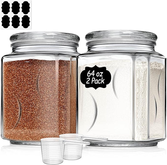 ComSaf Glass Jars with Lids 64oz, Large Glass Storage Containers with Lids, Flour Sugar Storage Containers, Half Gallon Jars for Kitchen Storage and Laundry Room Organization, Set of 2