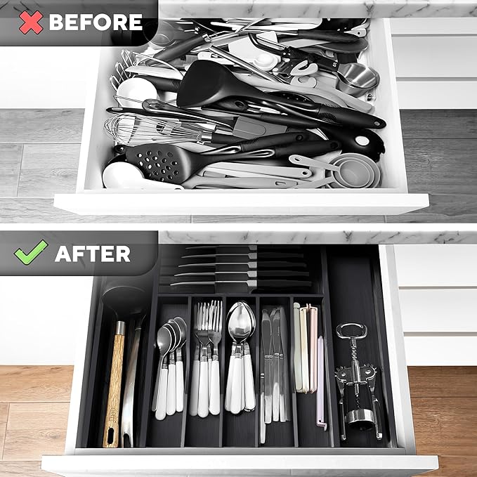 Premium Expandable Kitchen Drawer Organizer - 100% Bamboo Organizer Tray - Great for Silverware, Large Utensils, Flatware, Cutlery - 8 Compartments with Knife Block - Perfectly Fits Your Drawers
