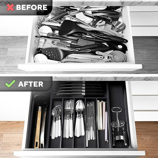 Premium Expandable Kitchen Drawer Organizer - 100% Bamboo Organizer Tray - Great for Silverware, Large Utensils, Flatware, Cutlery - 8 Compartments with Knife Block - Perfectly Fits Your Drawers