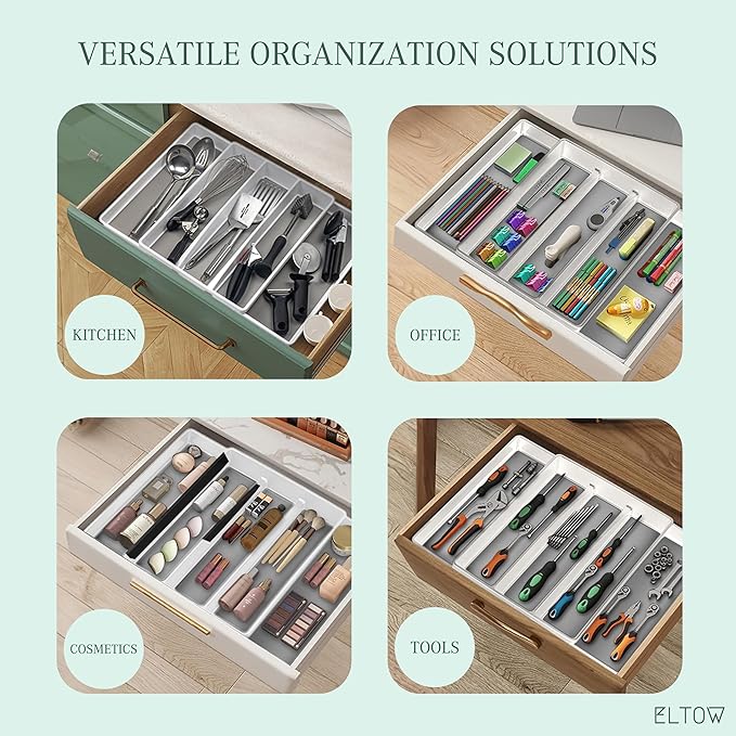ELTOW Expandable Silverware Drawer Organizer & Utensil Tray Set, Non-Slip Kitchen Drawer Organizers and Storage, Kitchen Organization for Utensils, Cutlery, Office Supplies, Flatware Storage - White