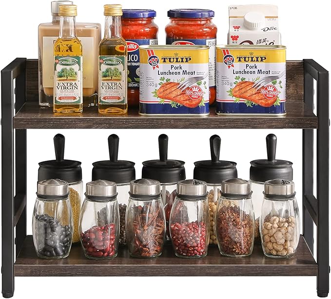 IBUYKE 2-Tier Spice Rack Industrial Counter Shelf Desktop Storage Organizer for Countertop Kitchen Office Living Room Desktop UTLJ002G