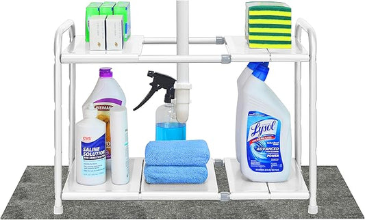 Simple Houseware Under Sink 2 Tier Expandable Heavy Duty Metal Shelf Organizer Rack, White (Expand from 15 to 25 inches)