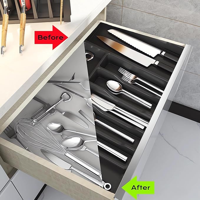 Flatware Organizers - Kitchen Drawer Organizer for Utensils and Silverware Expandable Silverware Holder and Cutlery Tray Black Kitchen Decor and Accessories Large Storage Capacity