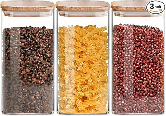50oz Square Glass Storage Containers with Lids, Clear Food Storage Container Jar with Sealing Bamboo Lid for Noodles Flour Cereal Rice Sugar Tea Coffee Beans,Square Set of 3