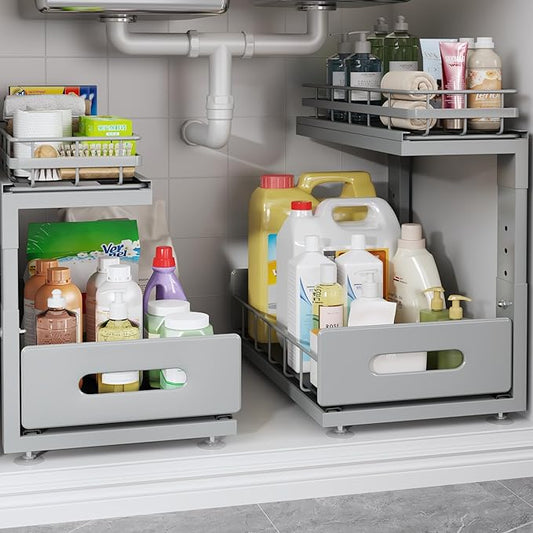 2 Pack Under Sink Organizer Upgrade to Professional Rails,2-Tier Dual Pull Out Cabinet Storage,Height Adjustable Slide Out Drawers for Bathroom Kitchen,Under Sink Shelf-Gray