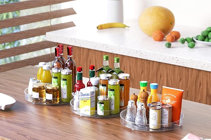 Lazy Susan Turntable Spice Rack Organizer Round Clear Food Storage Container Rotating Condiments Spinning Organizer for Kitchen, Cabinets, Pantry, Refrigerator, Countertops - Set of 3