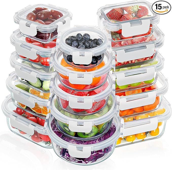 VERONES 30 Pieces Glass Meal Prep Containers Set, Stackable Glass Food Storage Containers with Lids-Airtight Glass Lunch Containers，for Microwave, Oven, Freezer & Dishwasher,White