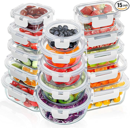 VERONES 30 Pieces Glass Meal Prep Containers Set, Stackable Glass Food Storage Containers with Lids-Airtight Glass Lunch Containers，for Microwave, Oven, Freezer & Dishwasher,White