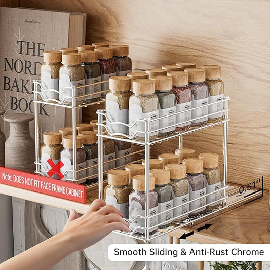 Pull Out Spice Rack Organizer for Inside Cabinet, Slide Out Chrome Spice Organization for Cabinet, Easy to Install Seasoning Organizer for Kitchen Storage, 4.9''Wx10.4''Dx9.57''H - 2 Tier