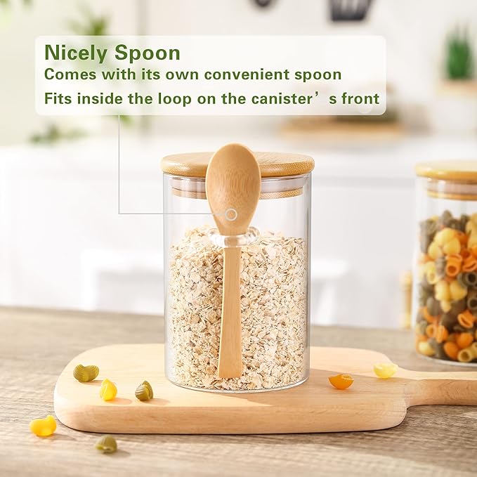 Set of 3 Airtight Glass Jars with Bamboo Lids and Spoon,17 oz Classy Canisters with Spoon,Glass Food Jars with Spoon for Coffee Beans,Tea,Flour,Sugar,Nuts,Candy