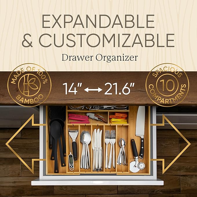Night Tree Deep Bamboo Drawer Organizer – Expandable Utensil and Silverware Tray for Kitchen Cutlery and Flatware, Large Size (21.6" or 13.7" x 17" x 2.5")