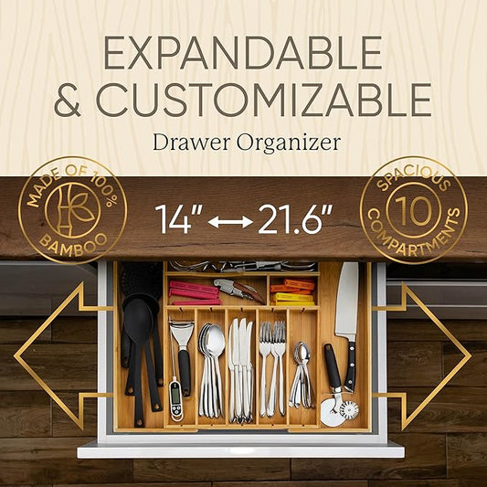 Night Tree Deep Bamboo Drawer Organizer – Expandable Utensil and Silverware Tray for Kitchen Cutlery and Flatware, Large Size (21.6" or 13.7" x 17" x 2.5")
