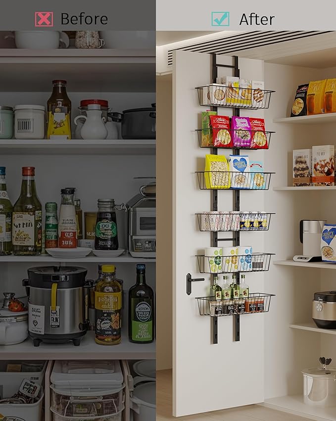 Over The Door Pantry Organizer, 6-Tier Pantry Organizers and Storage with Adjustable Basket, Heavy Duty Metal Spice Rack for Kitchen Bathroom Laundry Room(Black)
